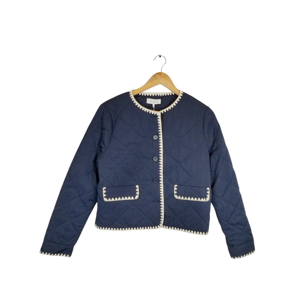 WAYF NWT Women's Navy Blue Quilted Jacket Whipstitch Trim Detail Size Small